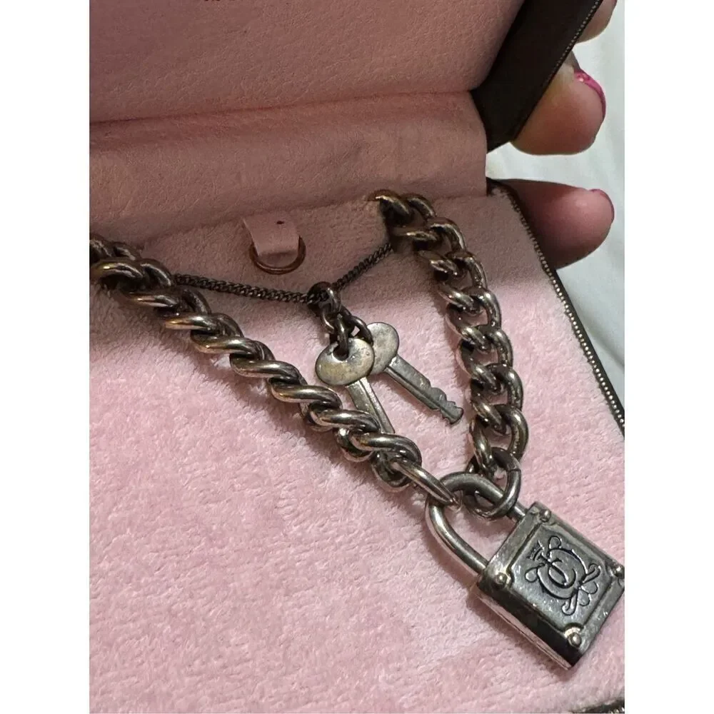 VintGe juicy couture y2k 2000s lock & key curb chain charm necklace silver set 2